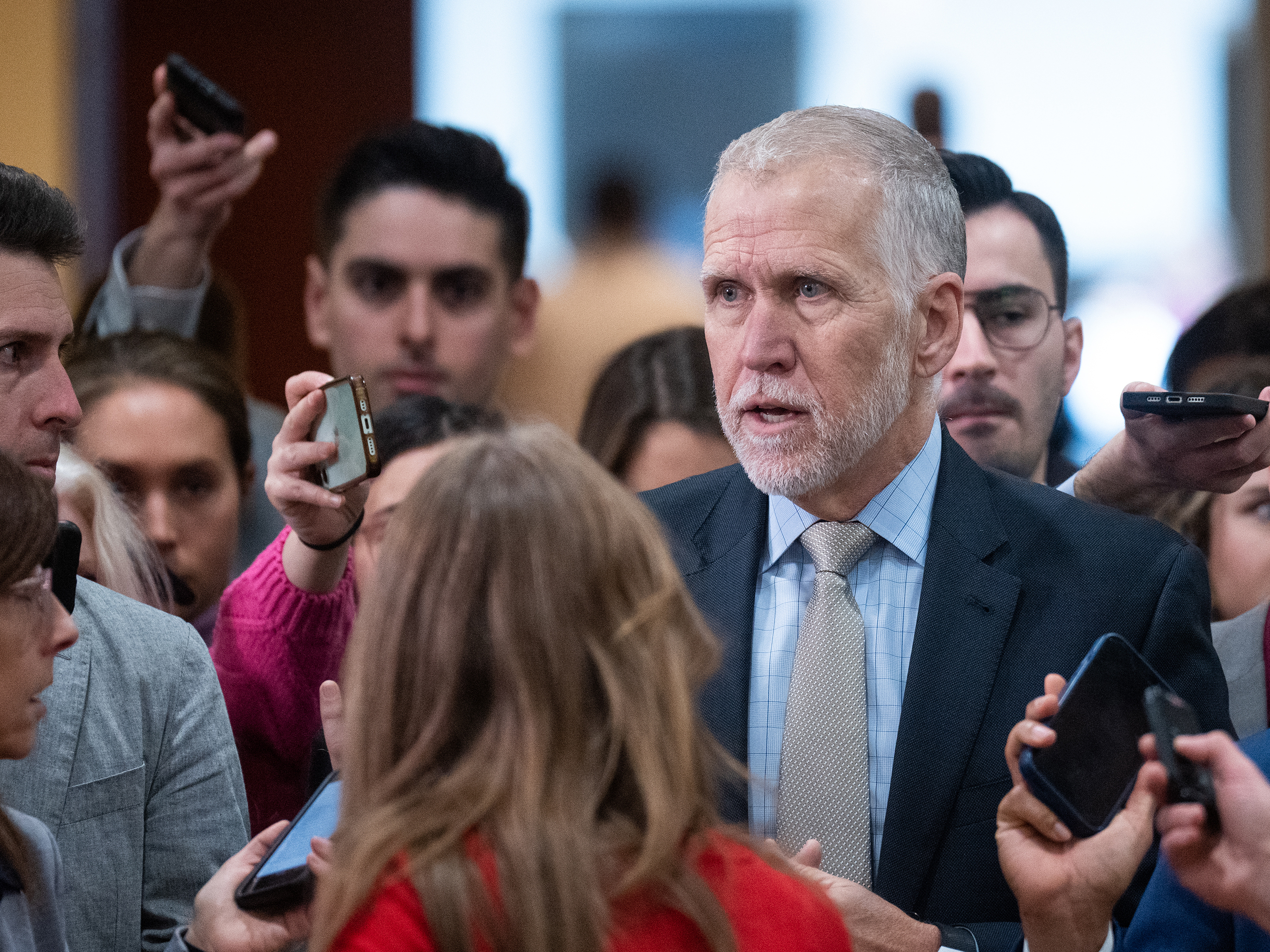 caption: Sen. Thom Tillis, R-N.C., speaks to reporters after the Senate classified briefing on the three unidentified objects shot down by the U.S. military over Alaska, Canada and Lake Huron, in the Capitol on Tuesday, February 14, 2023.