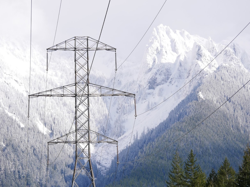 caption: High-voltage transmission lines cross the Washington Cascades near the town of Index in February 2021.