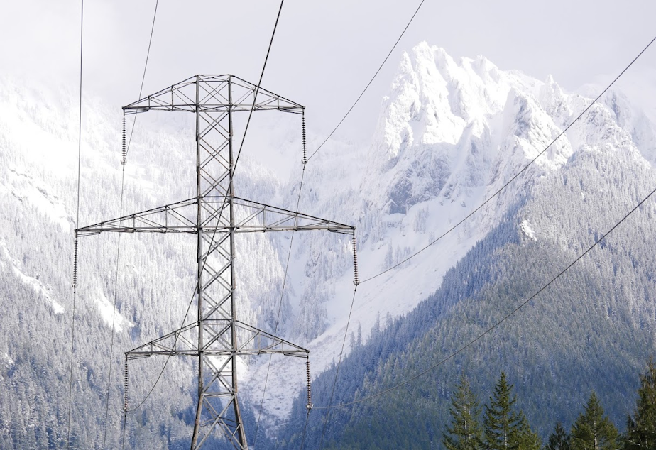caption: High-voltage transmission lines cross the Washington Cascades near the town of Index in February 2021.