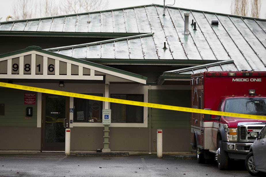 caption: Kirkland Fire Station 21 is taped off after first responders, including 25 Kirkland fire fighters and two Kirkland police officers, were put under quarantine after responding to the Life Care Center of Kirkland, the long-term care facility at the epicenter of the coronavirus outbreak in Washington state, on Forbes Creek Drive in Kirkland. 