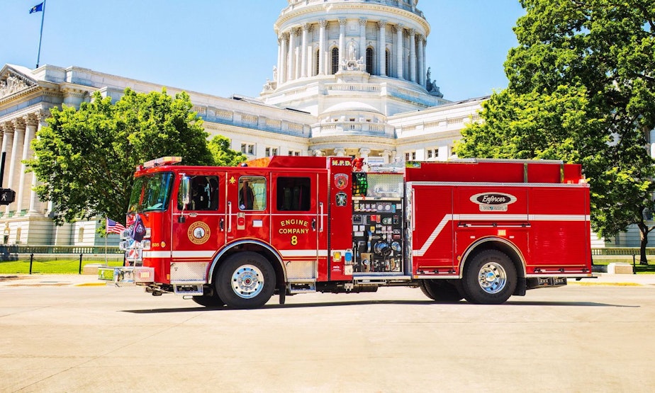 caption: Portland Fire & Rescue would be the second department nationally to take delivery of an electric fire engine built by Pierce Manufacturing. This is the first one in service with the Madison Fire Department in Wisconsin.