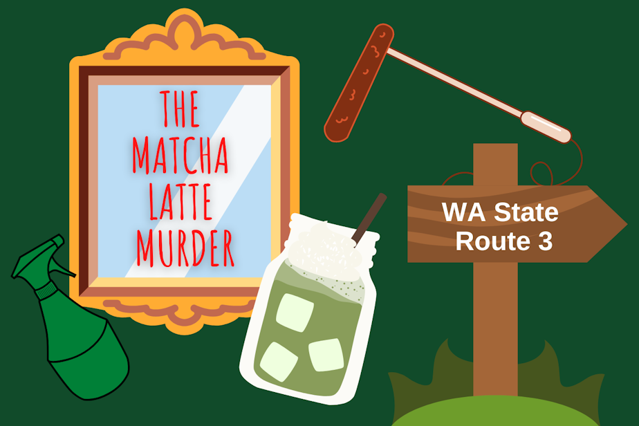 caption: A digitally-illustrated image featuring a mirror with the words "The Matcha Latte Murder" hand-written in red letters; an iced matcha latte; a large microphone on a boom pole; and a road sign that reads "WA State Route 3" all on a dark-green background.