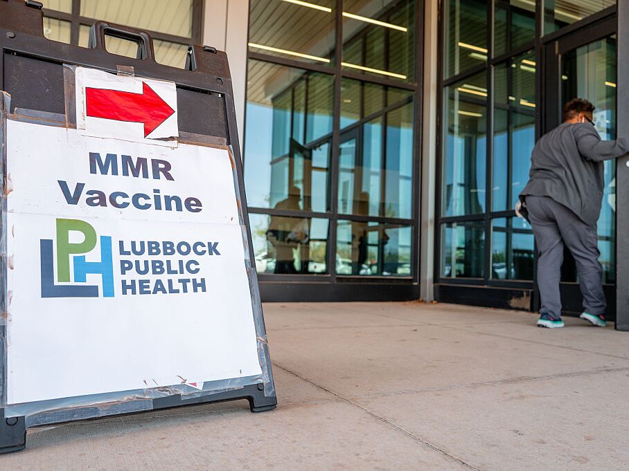 caption: Instructions for a Measles vaccination is seen outside of the Lubbock Public Health facility on April 09, 2025 in Lubbock, Texas.