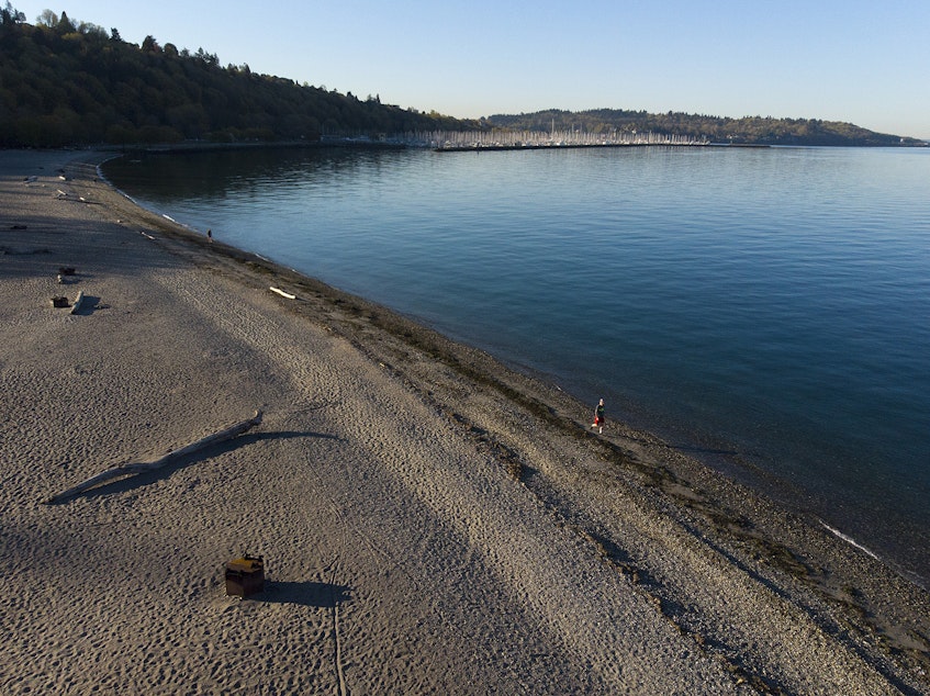 caption: A view of Golden Gardens Park is shown on Monday, April 13, 2020, in Seattle. 