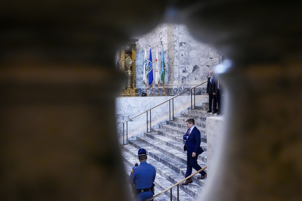 caption: Senate Majority Leader Jamie Pedersen, D-Seattle, walks down the steps after attending a joint legislative session for Gov. Jay Inslee's State of the State address at the Washington State Capitol, Tuesday, Jan. 14, 2025, in Olympia, Wash.