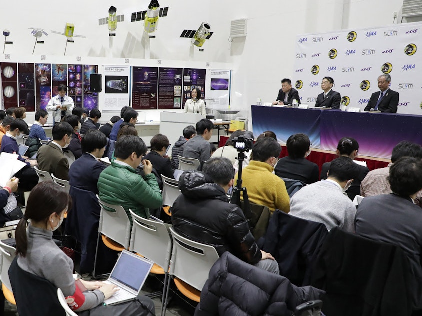 caption: The Japan Aerospace Exploration Agency (JAXA) shut down its moon lander days after its historic arrival due to power concerns. Here, JAXA's leaders brief the media about the successful moon mission, and a problem with the lander's solar cell Friday.