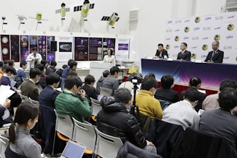 caption: The Japan Aerospace Exploration Agency (JAXA) shut down its moon lander days after its historic arrival due to power concerns. Here, JAXA's leaders brief the media about the successful moon mission, and a problem with the lander's solar cell Friday.