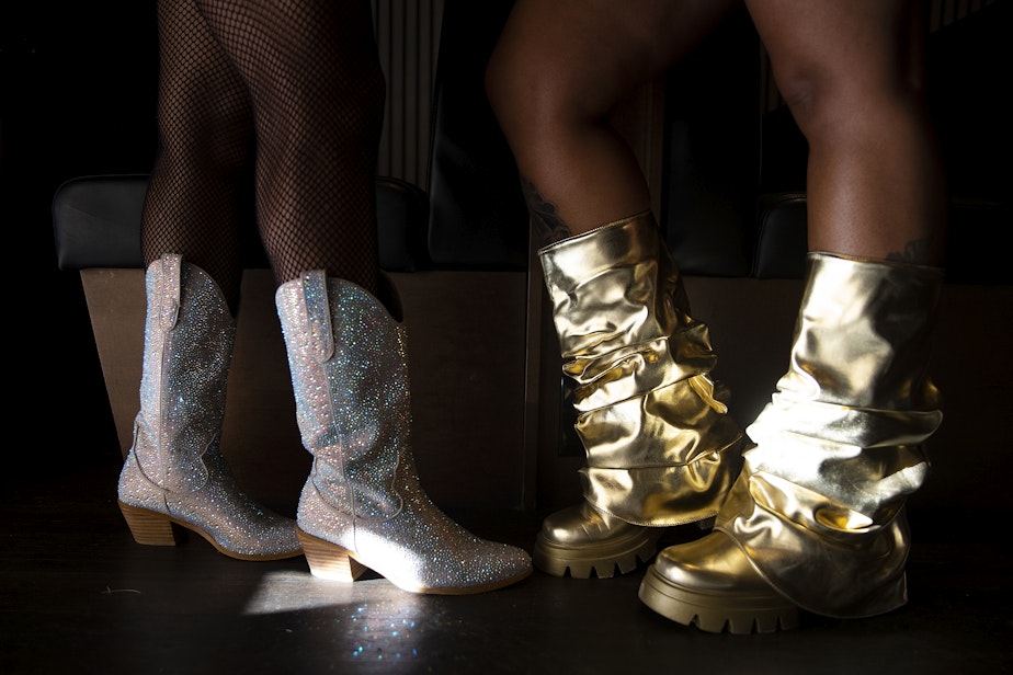 caption: Kahlia Brookins, left, and Samyra “Sammi” Jefferson show off their boots before attending Beyonce’s Seattle stop on the Renaissance World Tour on Thursday, Sept. 14, 2023, at the Press Box in Seattle.
