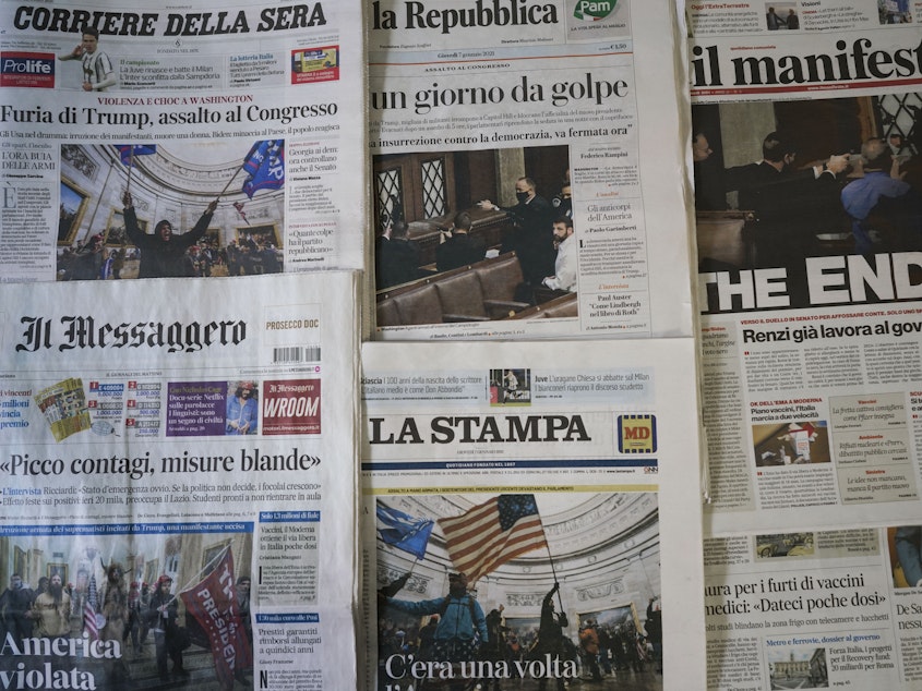 caption: Italian papers show the chaotic scenes from Washington, with one headline declaring "The End." Others proclaim, "Gunshots on Democracy" and "USA – Day of the Coup." World leaders are reacting with shock and dismay to the assault on the Capitol.