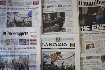 caption: Italian papers show the chaotic scenes from Washington, with one headline declaring "The End." Others proclaim, "Gunshots on Democracy" and "USA – Day of the Coup." World leaders are reacting with shock and dismay to the assault on the Capitol.