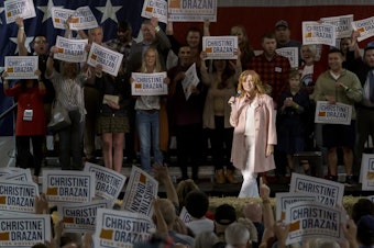 caption: Oregon governor candidate Kristine Drazan speaks to supporters at an event the week of October 18.