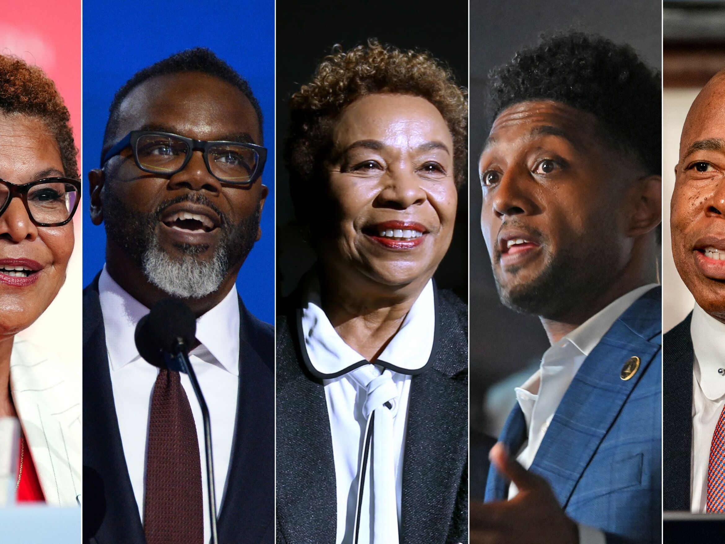 caption: Mayors Karen Bass, Brandon Johnson, Barbara Lee, Brandon Scott and Eric Adams are responding to President Trump's suggestion that their cities — LA, Chicago, Oakland, Baltimore and New York — may need federal intervention like what he is doing in D.C.