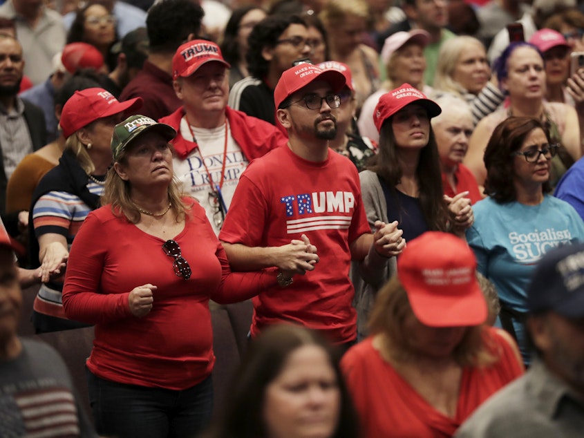 caption: Supporters of President Donald Trump pray during a rally for evangelical supporters at the King Jesus International Ministry church, Friday, Jan. 3, 2020, in Miami.