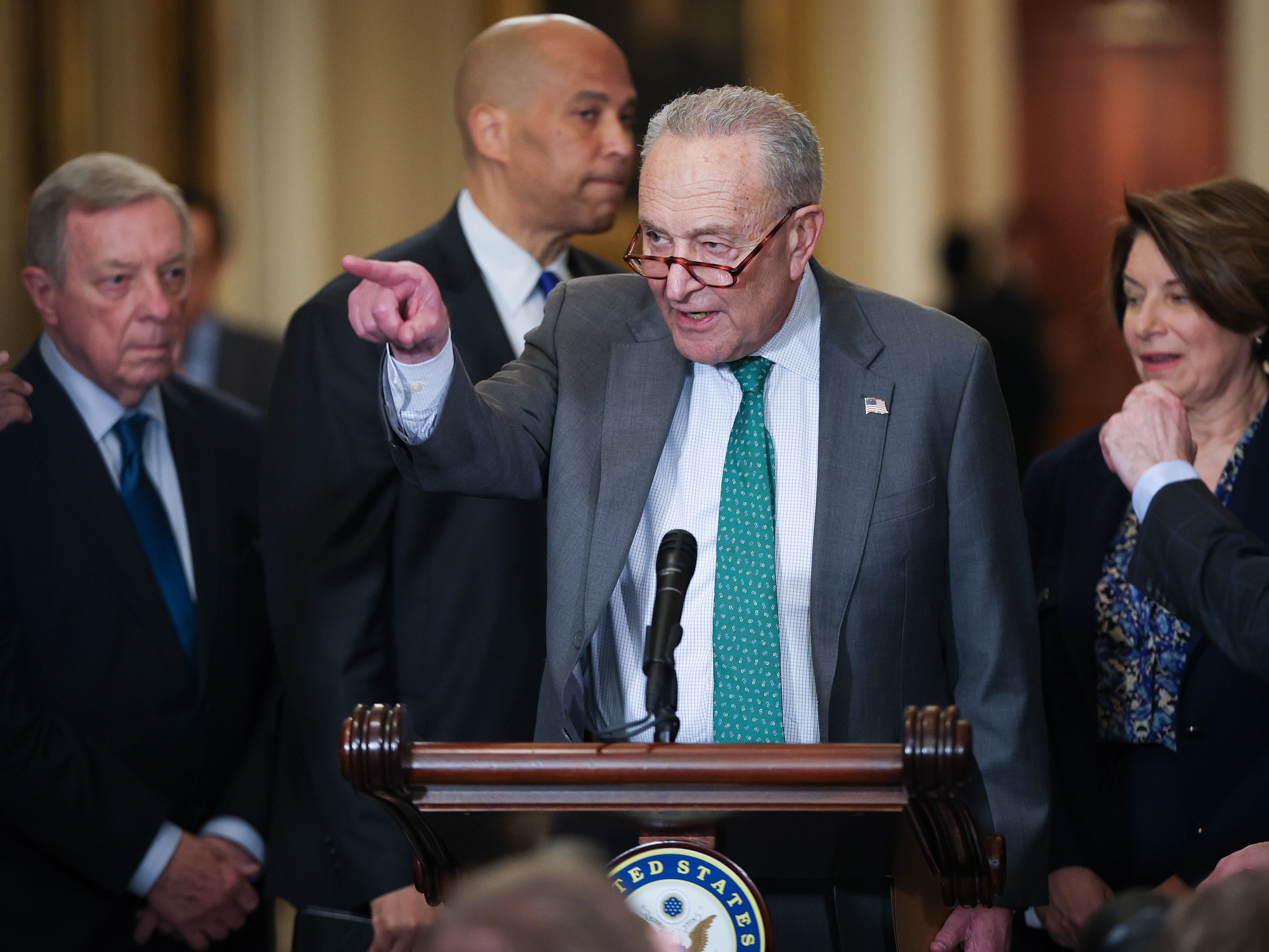 caption: WASHINGTON, DC - MARCH 11: Senate Minority Leader Chuck Schumer (D-NY) speaks during a press conference following a policy luncheon at the U.S. Capitol on March 11, 2025 in Washington, DC. Schumer answered a range of questions during the press conference. (Photo by Win McNamee/Getty Images)