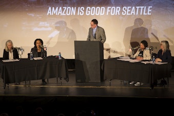 caption: KUOW hosts 'That's Debatable: Amazon is Good for Seattle' on Wednesday, March 7, 2018, in Seattle. 