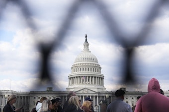 caption: A perimeter fence surrounds the U.S. Capitol in February ahead of President Biden's State of the Union speech in Washington, D.C.