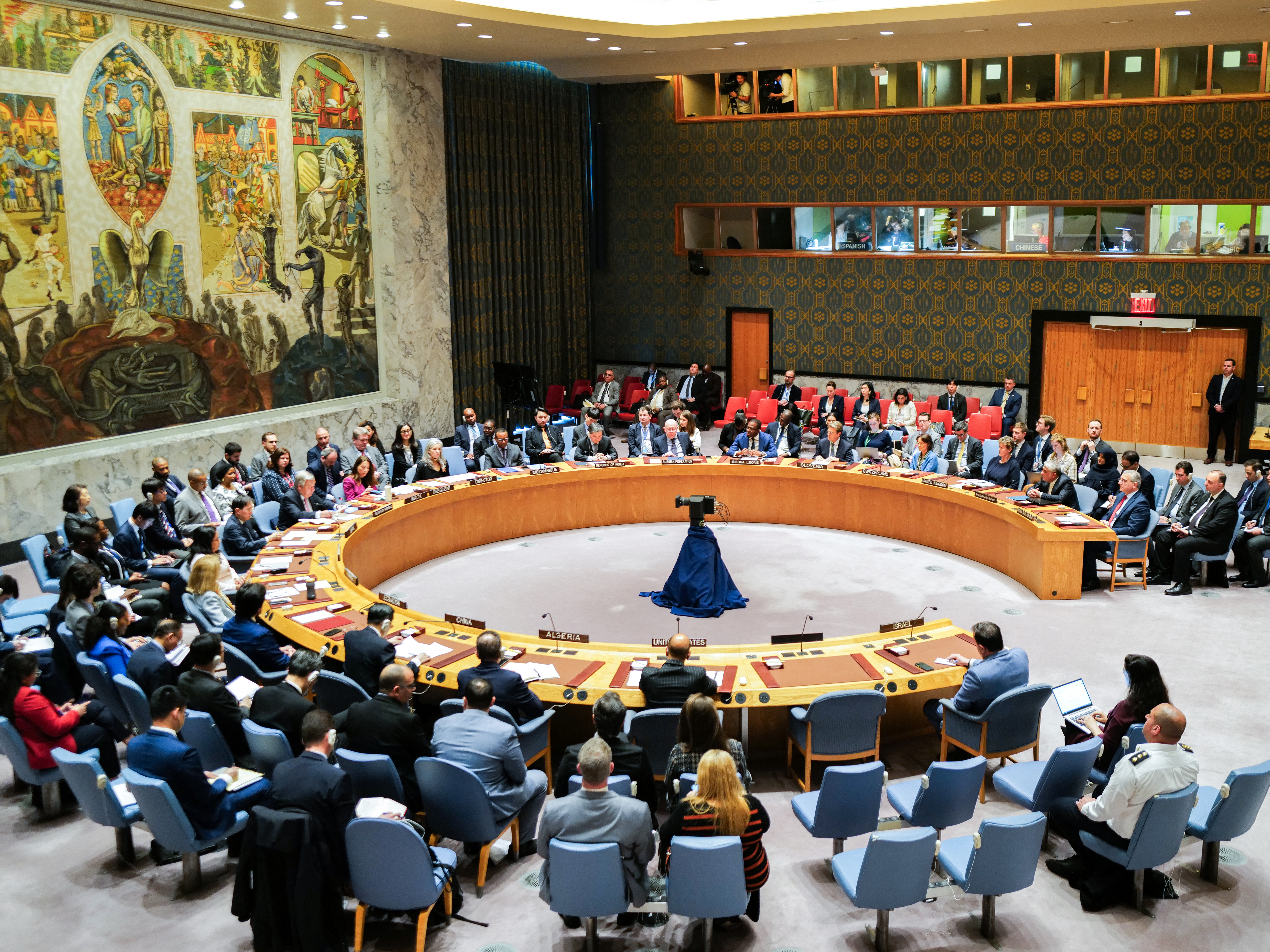caption: The United Nations Security Council holds a meeting on the situation in the Middle East, including Iran's recent attack against Israel, at U.N. headquarters in New York City on Sunday.