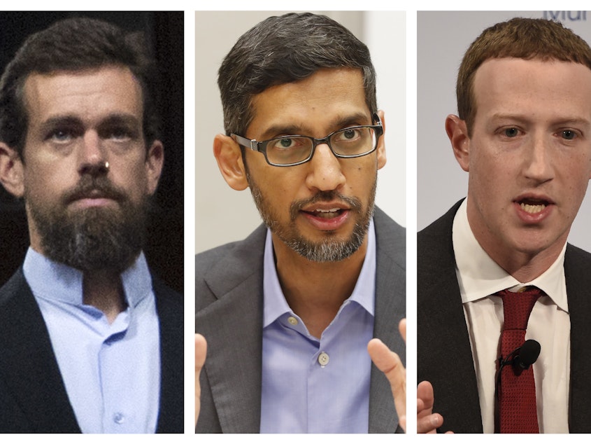 caption: Twitter CEO Jack Dorsey, Google CEO Sundar Pichai, and Facebook CEO Mark Zuckerberg will testify on Wednesday before the Senate Commerce Committee about a legal shield known as Section 230.
