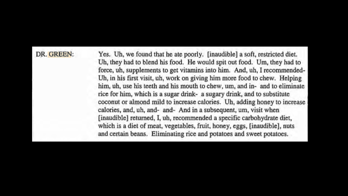 caption: Dr. John Green testified in Susan Chen's defense in October 2013. He told the court he placed the child on a diet free of rice, potatoes, and sweet potatoes and asked that parents substitute with coconut or almond milk. But the toddler remained in state custody. 