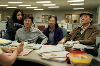 caption: Stephanie Hsu, Ke Huy Quan, Michelle Yeoh, and James Hong in <em>Everything Everywhere All At Once</em>, which led the Oscar nominations Tuesday.
