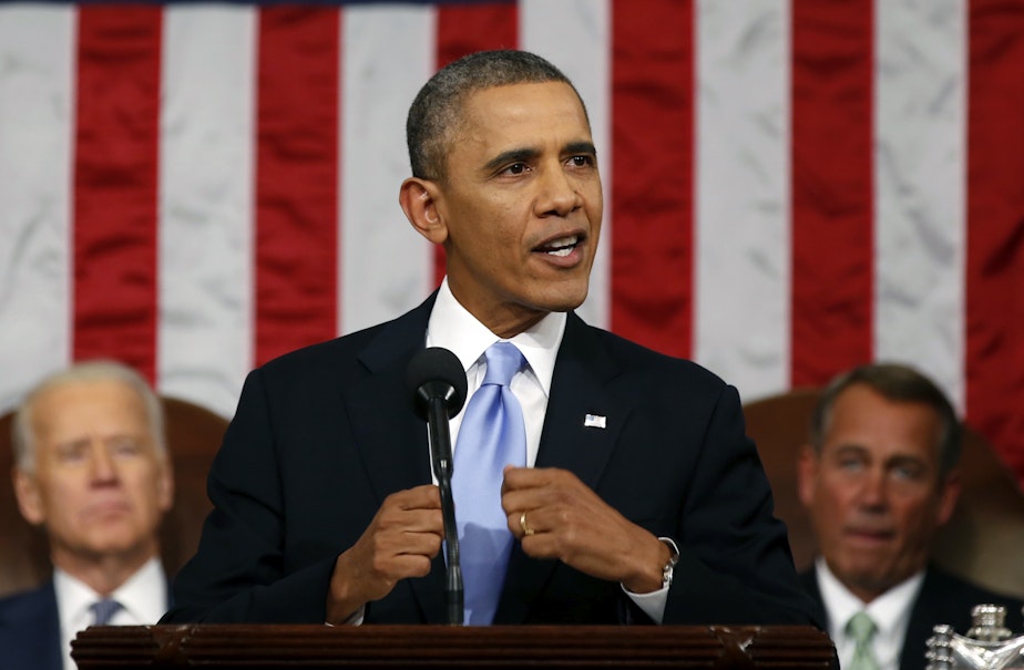 caption: President Barack Obama delivers the State of Union address before a joint session of Congress in the House chamber on Tuesday, January 28.
