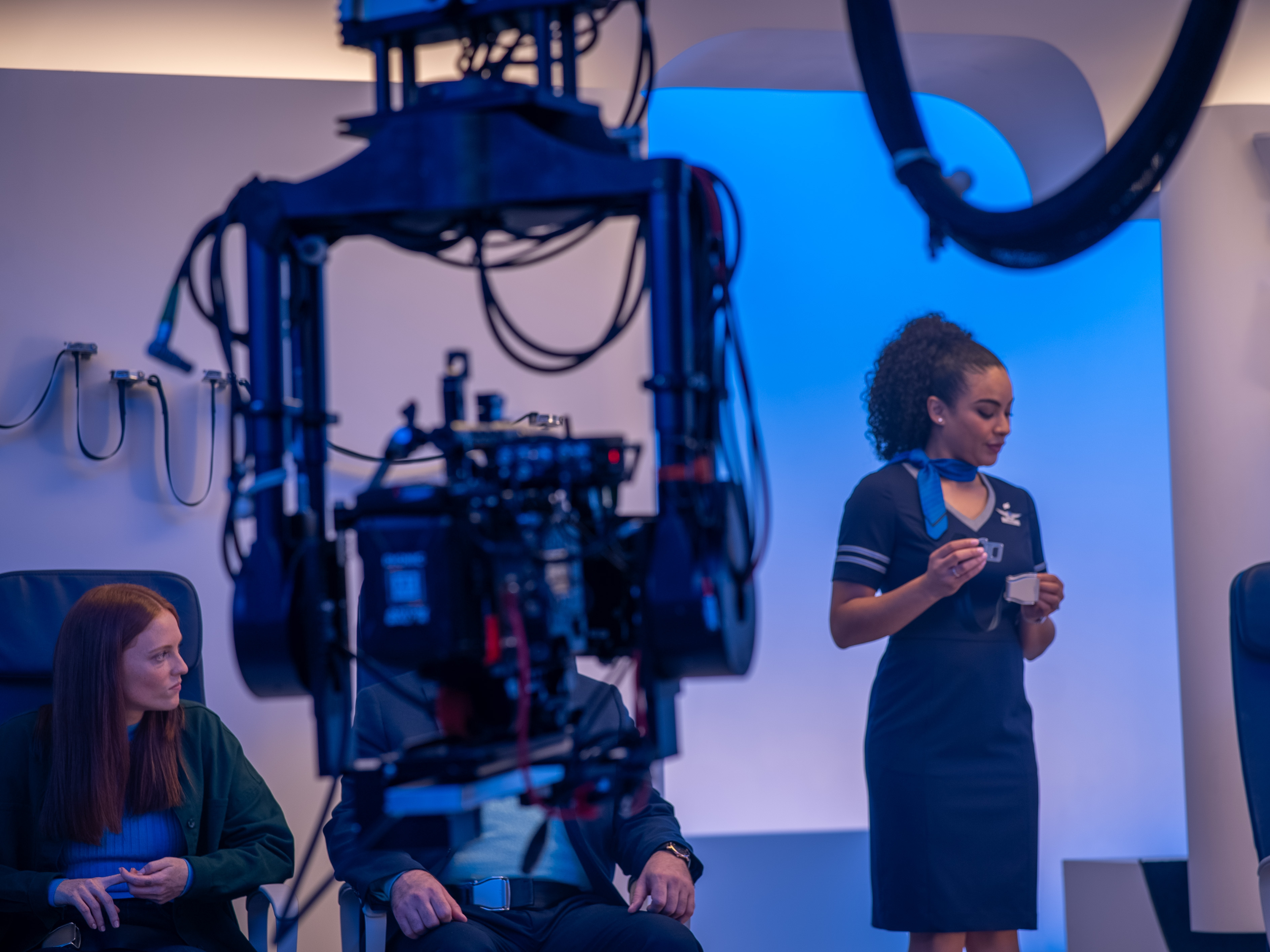 caption: On the set of United Airlines' new onboard safety video in Montreal, Canada.