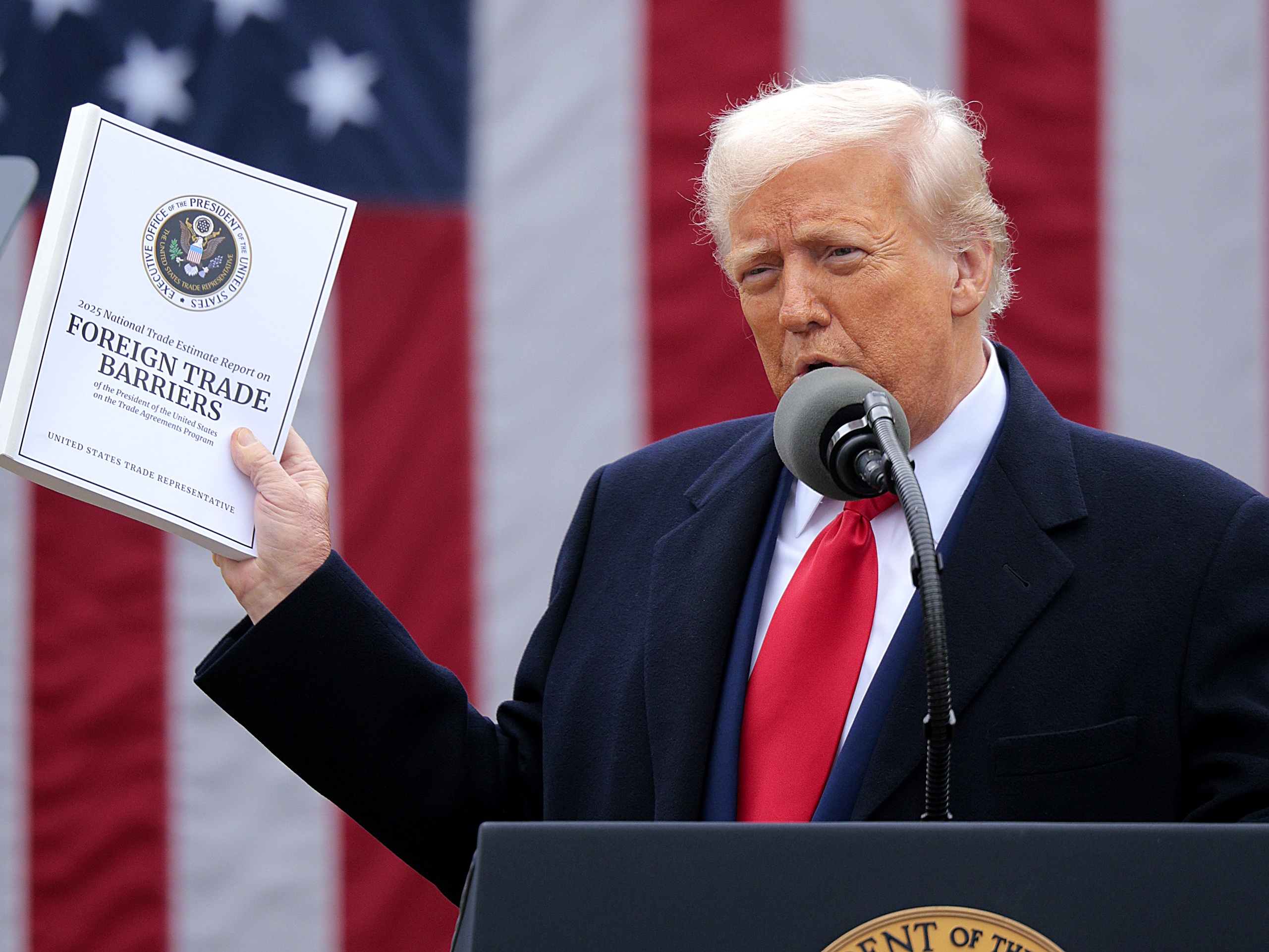 caption: President Trump announces his global tariffs at a Rose Garden event at the White House in Washington, D.C., on April 2.