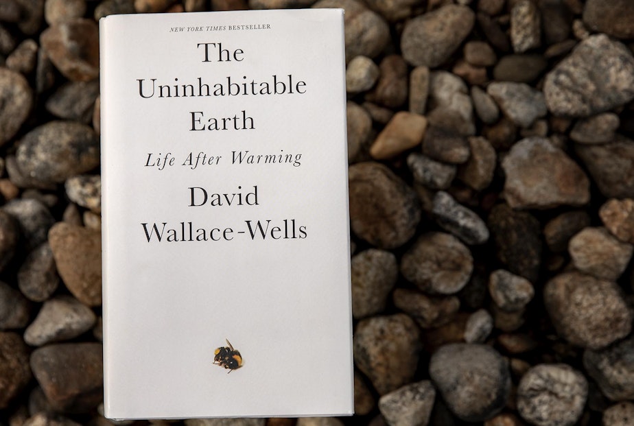 caption: "The Uninhabitable Earth: Life After Warming," by David Wallace-Wells. (Robin Lubbock/WBUR)