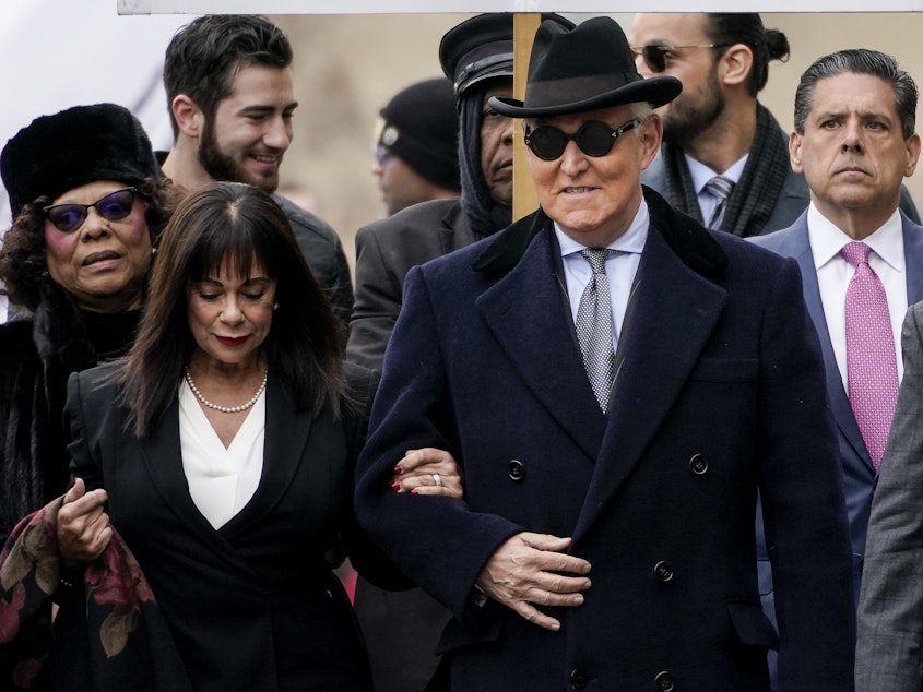 caption: Roger Stone, former adviser to President Trump, arrives at the E. Barrett Prettyman U.S. Courthouse on Thursday in Washington, D.C., with his wife, Nydia.