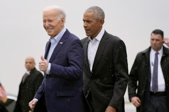 caption: President Joe Biden, left, and former President Barack Obama arrive on Air Force One at John F. Kennedy International Airport, Thursday, March 28, 2024, in New York. (AP Photo/Alex Brandon)