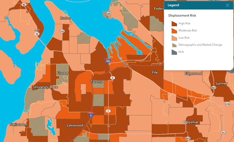 caption: The Washington State Department of Commerce developed a displacement map, noting areas where residents are most at-risk of being displaced by the state's growth. 