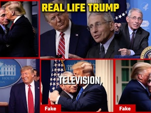 caption: A recent video from Republican presidential candidate and Florida Gov. Ron DeSantis includes an image with three fake photos of former President Donald Trump and Dr. Anthony Fauci hugging. These three images appear to be AI-generated.