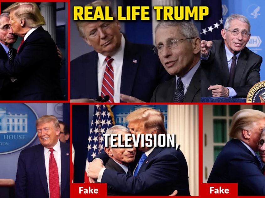 caption: A recent video from Republican presidential candidate and Florida Gov. Ron DeSantis includes an image with three fake photos of former President Donald Trump and Dr. Anthony Fauci hugging. These three images appear to be AI-generated.