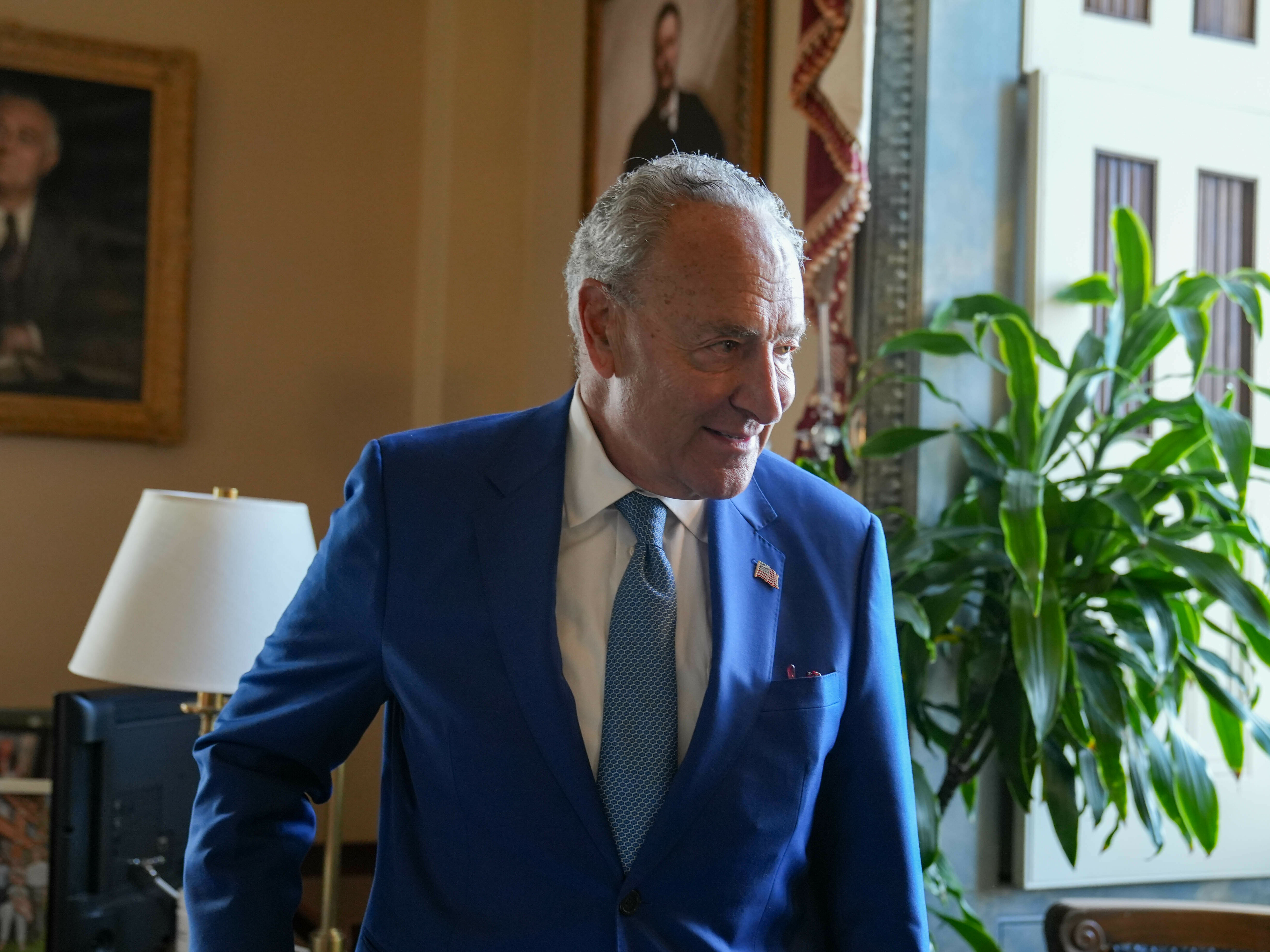 caption: Senate Majority Leader Chuck Schumer speaks to NPR about the Democrats' upcoming plans with the Inflation Reduction Act, at the Capitol, on Aug. 16.