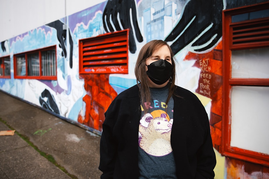 caption: Roz Martinez is portrayed on Thursday, April 3, 2025, in Seattle’s University District.