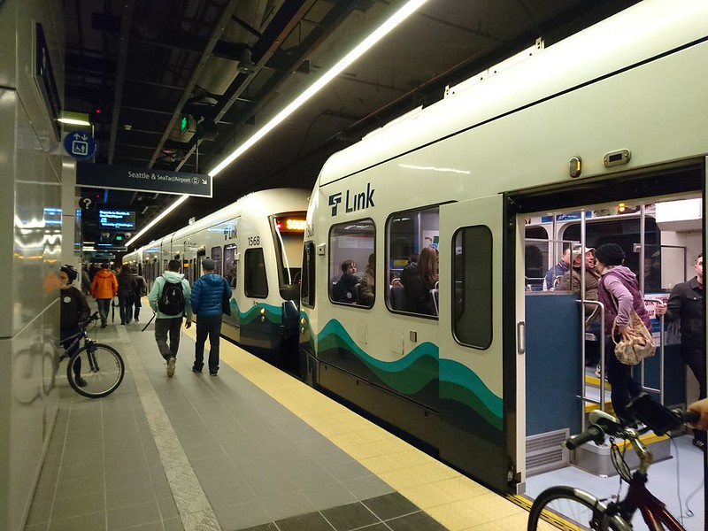 caption: The light rail station at the University of Washington in Seattle. 