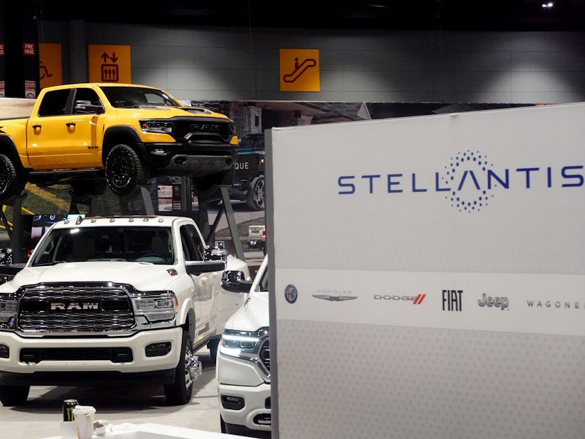 caption: Stellantis shows off its Ram truck lineup at the Chicago Auto Show in Chicago on Feb. 9, 2023. The UAW ordered 6,800 union members to walk off their jobs at the company's lucrative Ram pickup assembly plant in Sterling Heights, Mich.