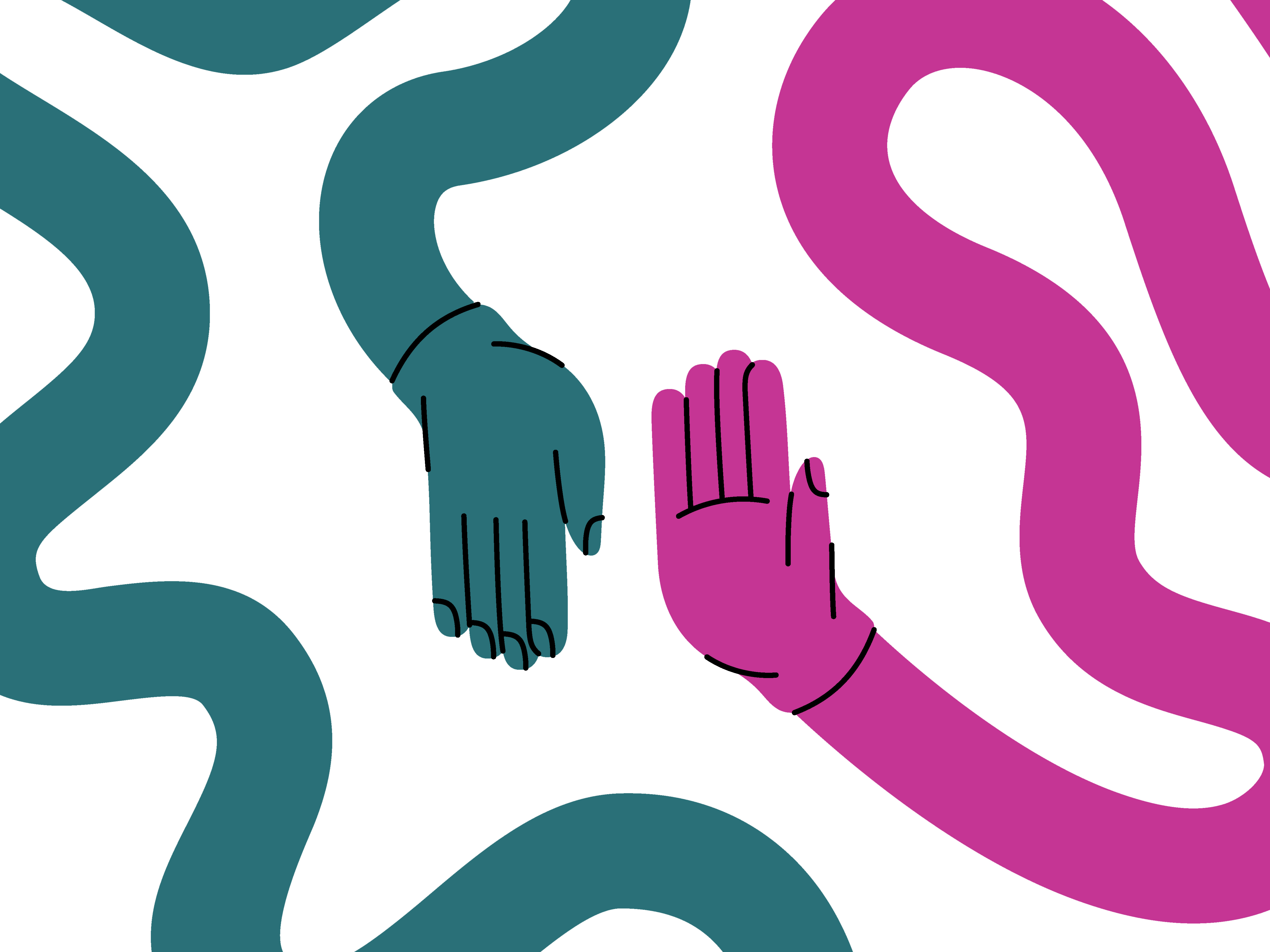 Illustration of a teal and magenta hand giving a high five, symbolizing a successful negotiation in everyday life.