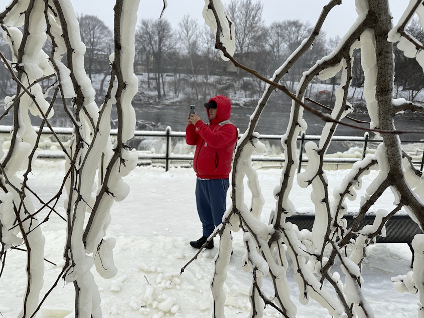 caption: Mist from the Great Falls has created a frozen wonderland around the waterfalls in Paterson, N.J., on Thursday.