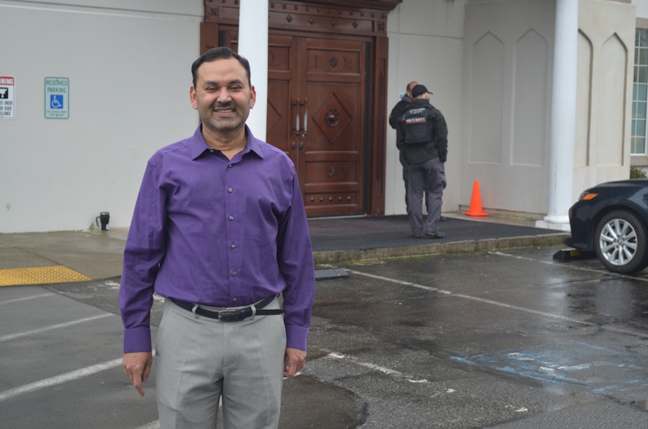 caption: President Hyder Ali at the Muslim Association of Puget Sound, a large mosque in Redmond. He says the decision was made to cancel prayers on Friday, March 6, 2020, because "in Islam, the first principle is the sanctity of human life."