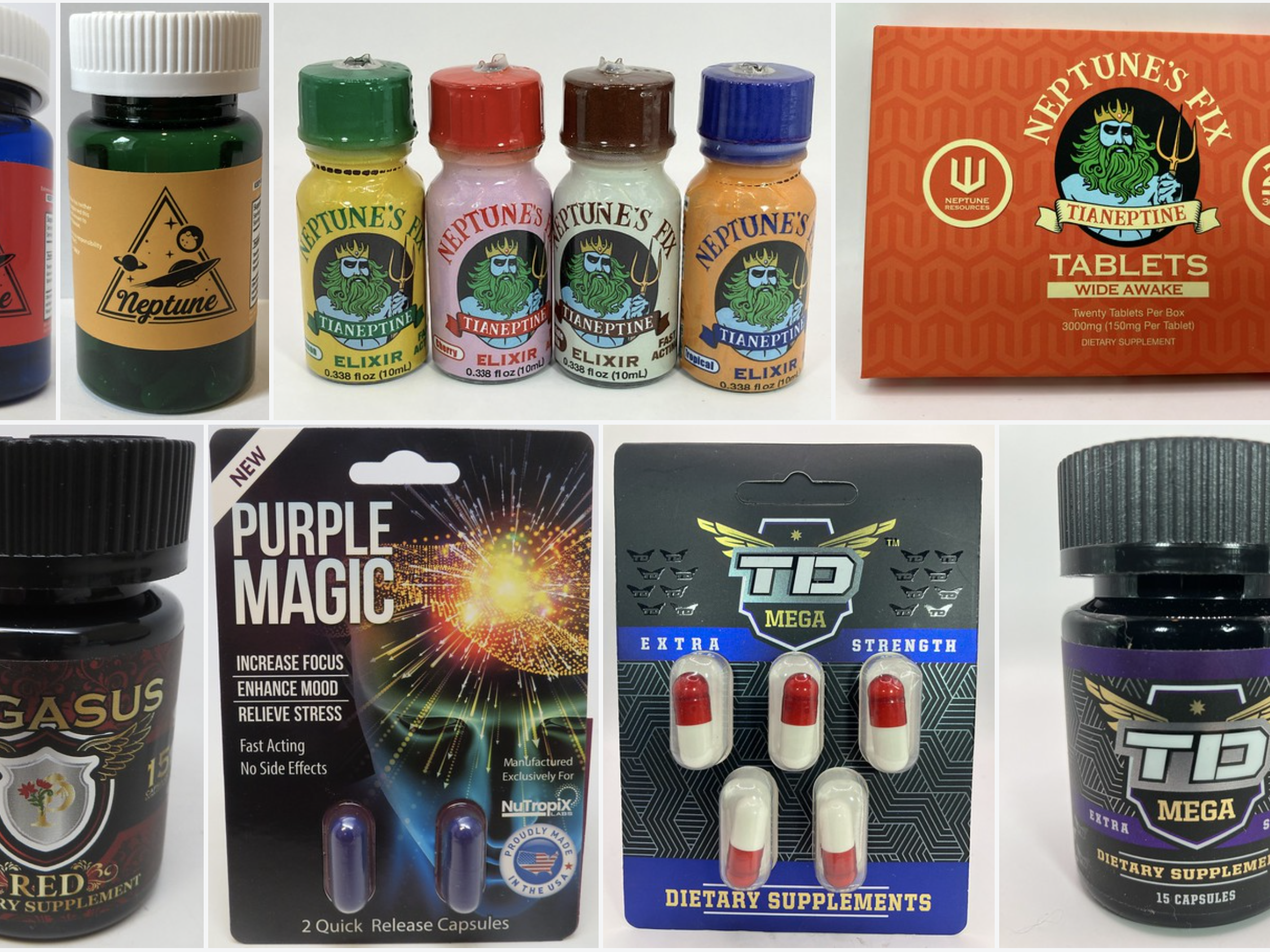 caption: An image released by the FDA shows bottles containing tianeptine and other compounds. Authorities have urged gas station store owners and others not to sell the products, with names like Neptune's  Fix, Za Za and Tianaa, citing serious health risks.