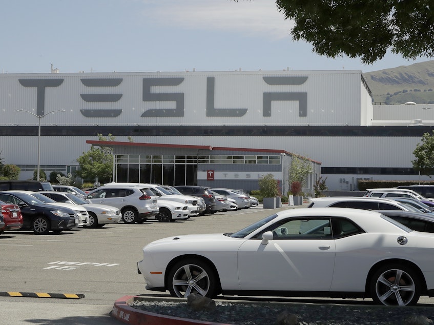caption: Vehicles are seen parked at the Tesla car plant in Fremont, Calif., on Monday. The parking lot was nearly full; Tesla resumed production in defiance of an order from county health authorities.