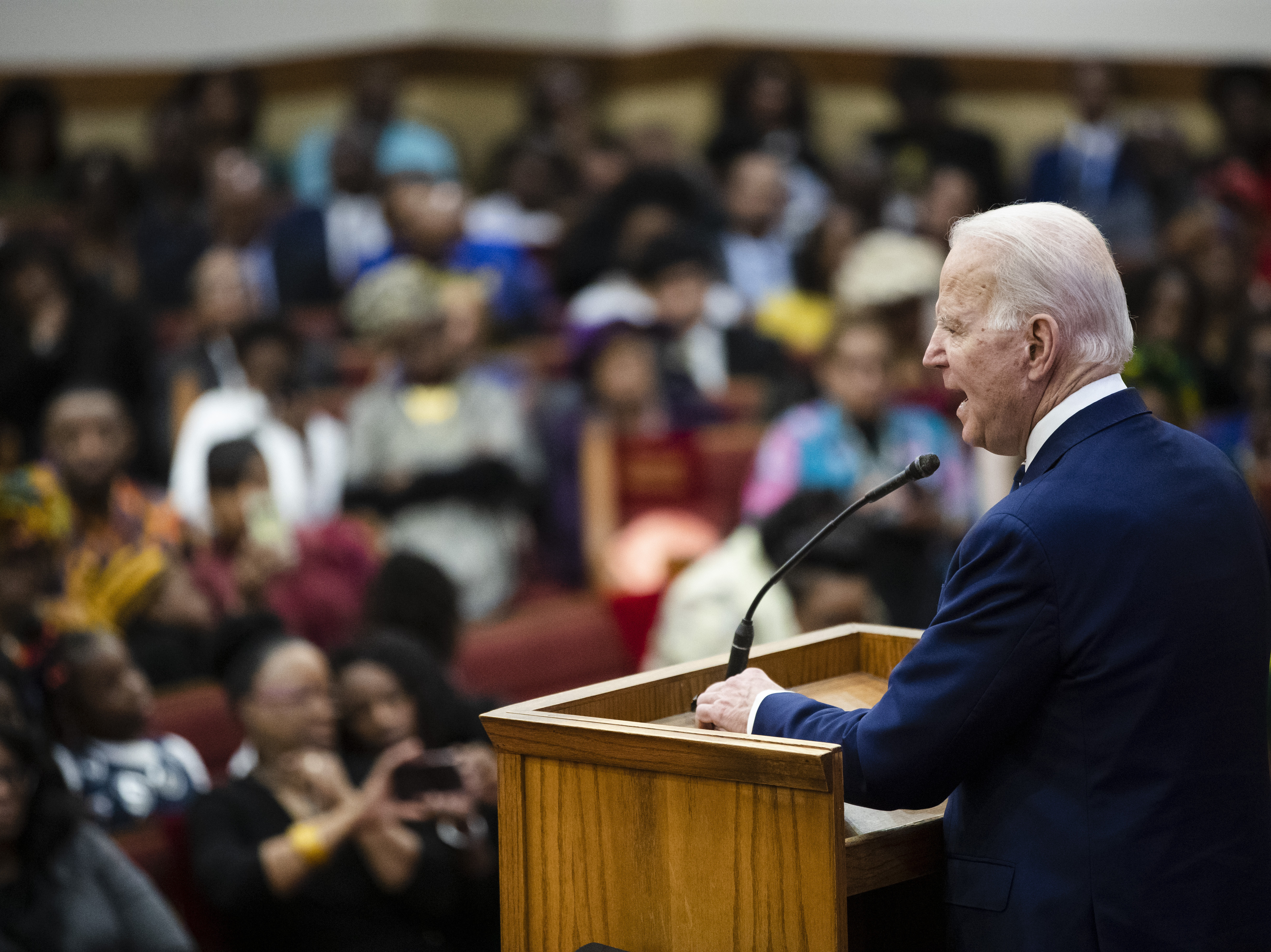 caption: Former Vice President Joe Biden attends services Sunday at the Royal Missionary Baptist Church in North Charleston, S.C.