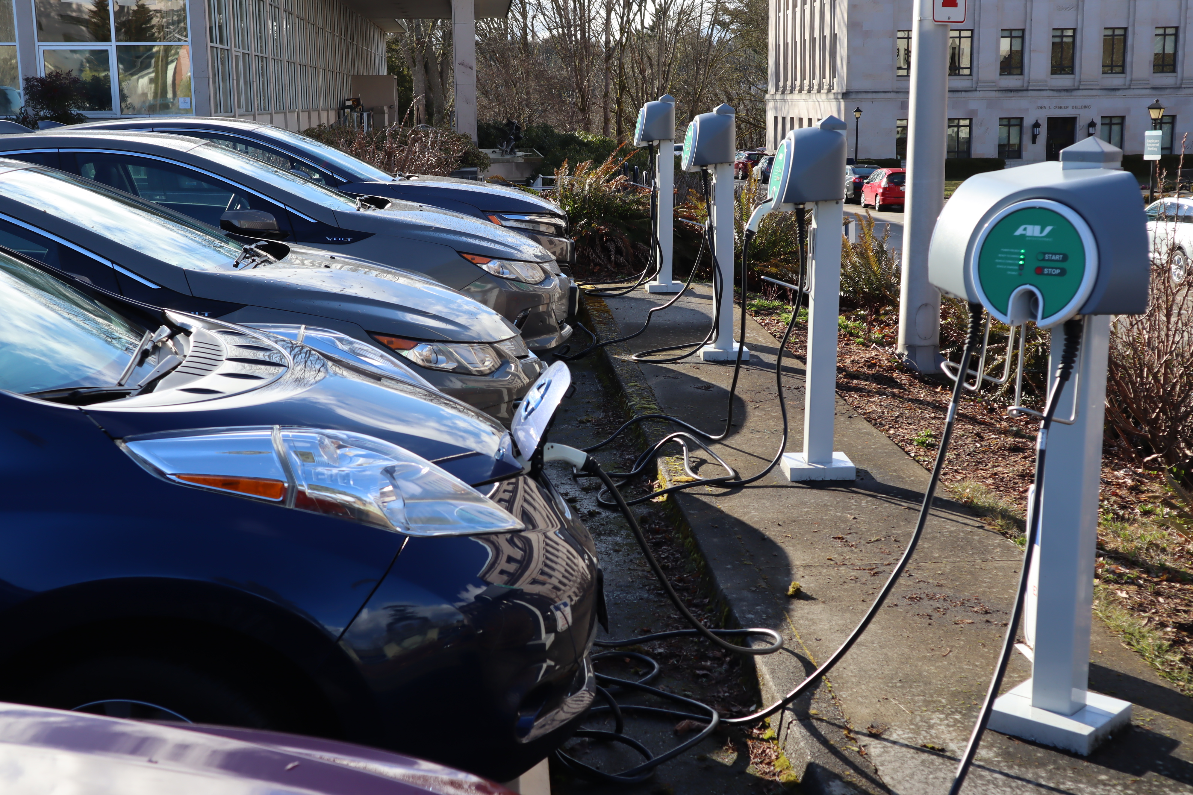 caption: Electric cars parked at the Washington State Capitol Thursday.