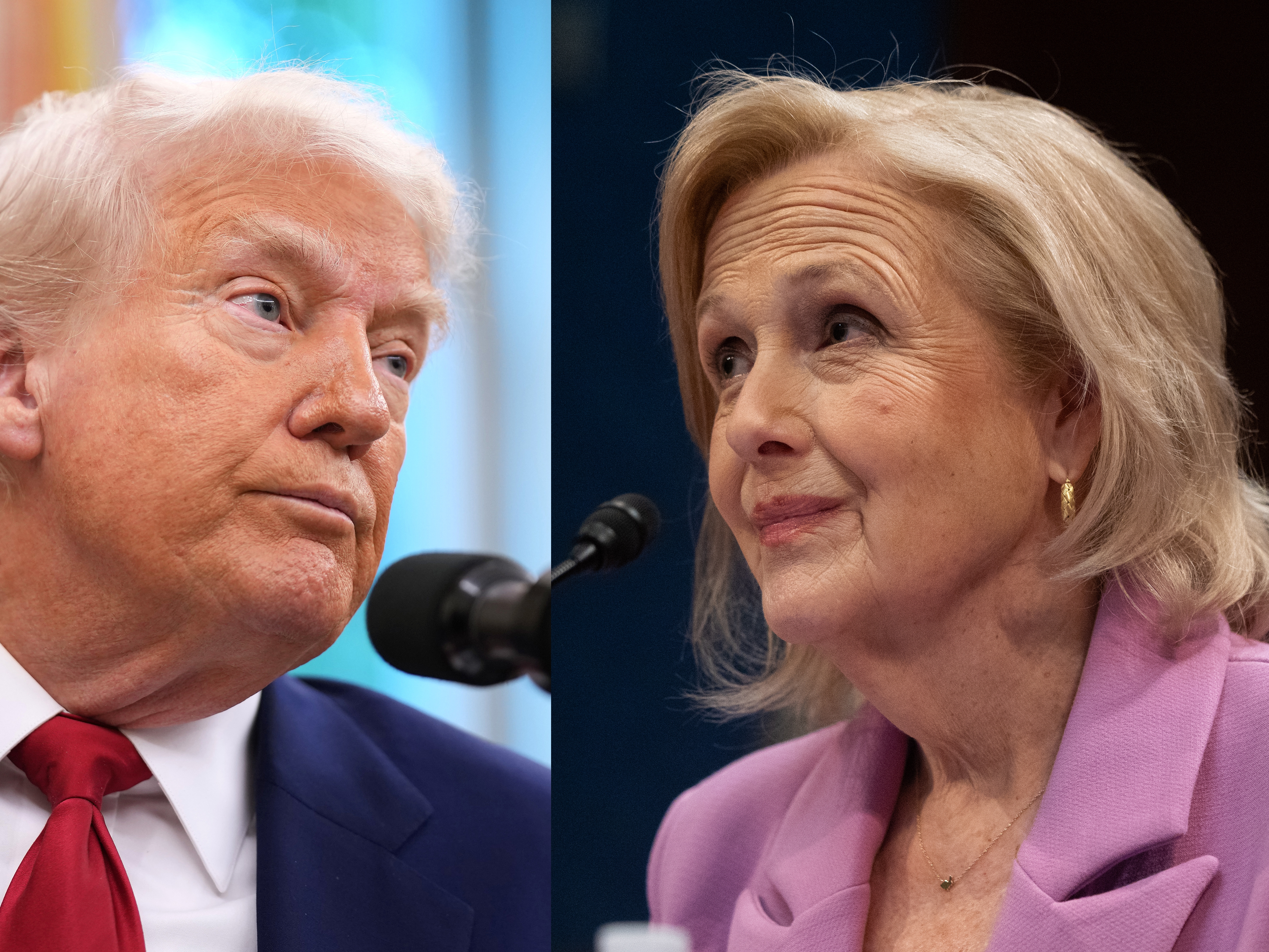 caption: President Trump issued an executive order directing the Corporation for Public Broadcasting and public television stations to withhold funds from PBS. On Friday, PBS — led by Paula Kerger (right) — and Lakeland PBS of Minnesota sued.