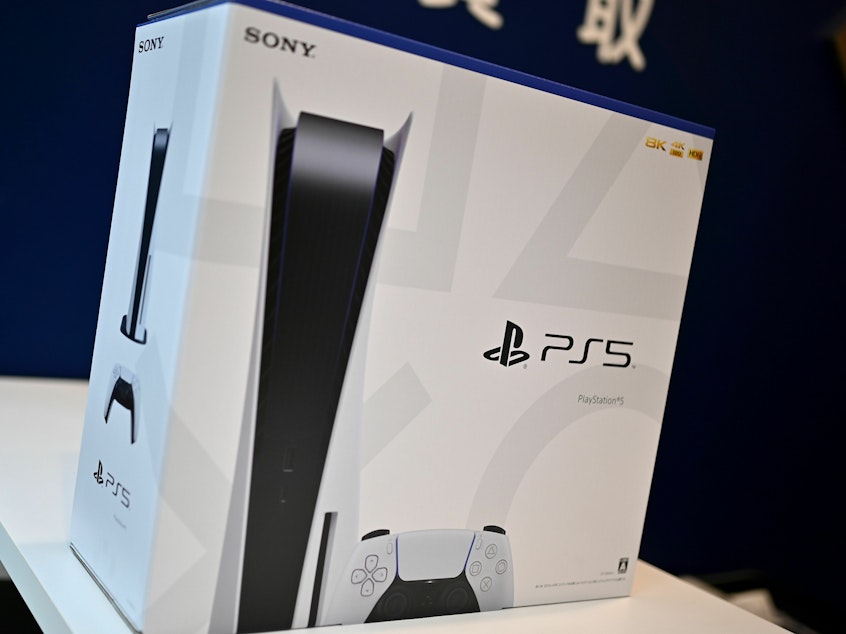 caption: The new Sony PlayStation 5 gaming console is seen for sale on the first day of its launch, at an electronics shop in Kawasaki, Kanagawa prefecture on November 12, 2020.
