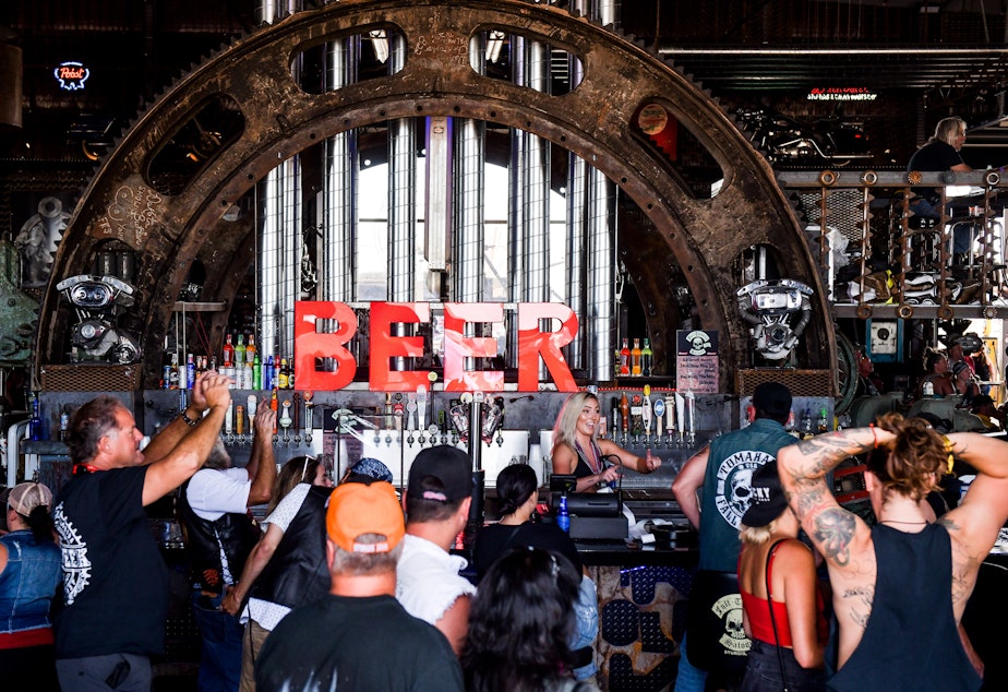 caption: The Full Throttle Saloon in Sturgis, S.D., draws a crowd earlier this month during the 80th annual Sturgis Motorcycle Rally.