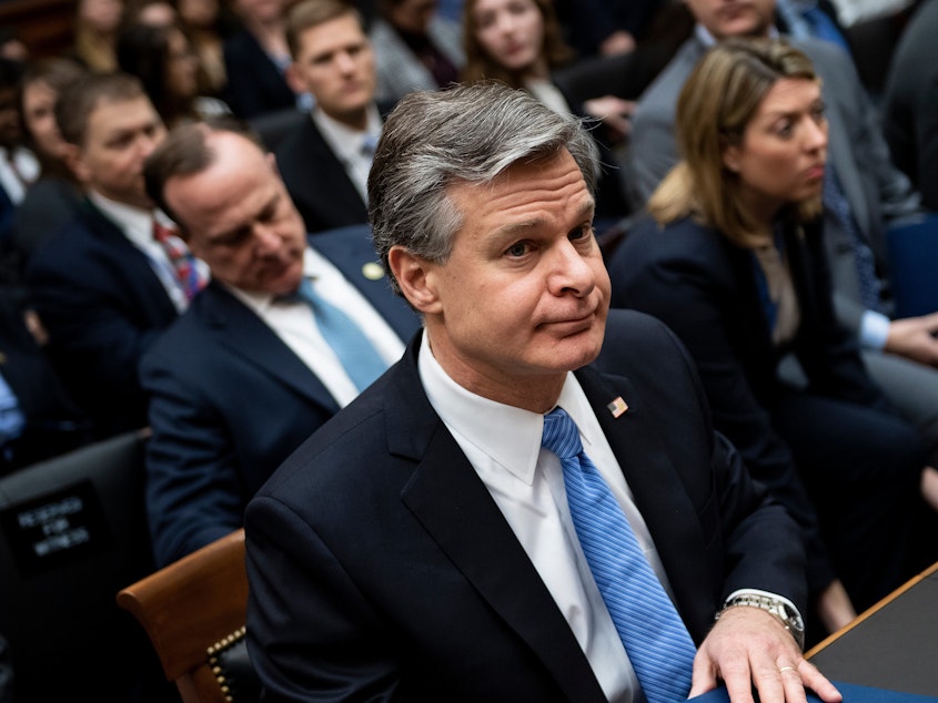 caption: FBI Director Christopher Wray on Capitol Hill in February. Wray has launched a review into the bureau's investigation of Michael Flynn.