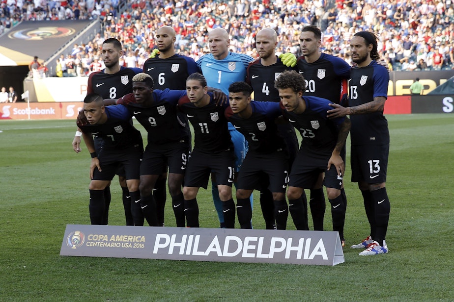 caption: The U.S. Men's National Team poses ahead of a Copa America match against Paraguay on June 11. 