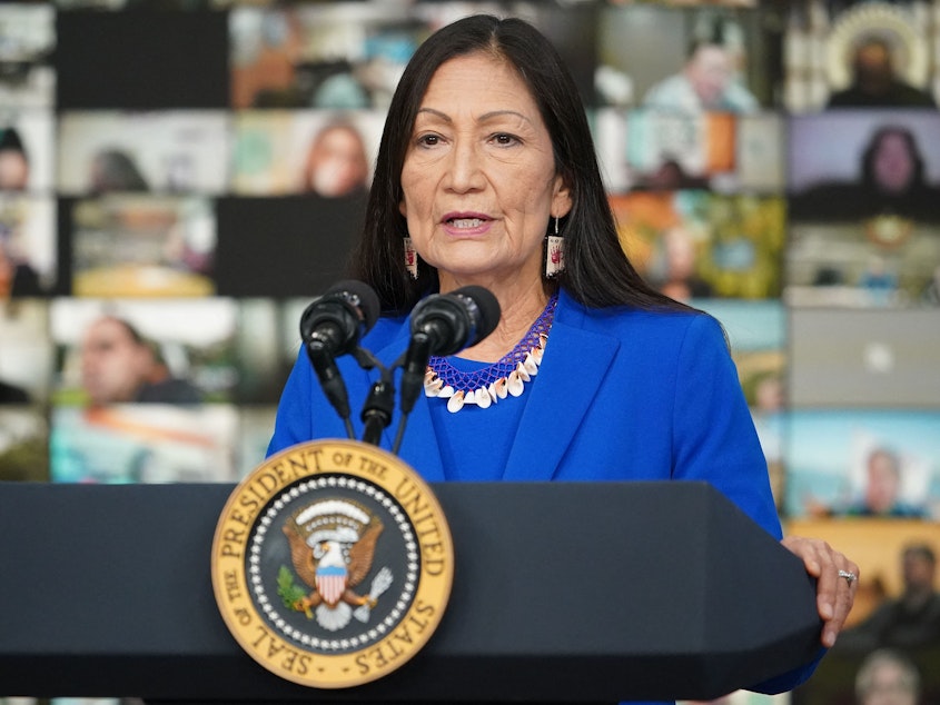 caption: "Our nation's lands and waters should be places to celebrate the outdoors and our shared cultural heritage — not to perpetuate the legacies of oppression,"<strong> </strong>Secretary of the Interior Deb Haaland said as she ordered the word "squaw" to be removed from federal place names.
